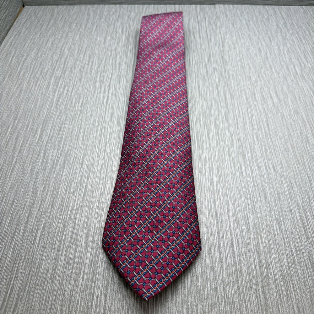 Hermès Paris Silk Tie Pink Blue Chain Link Geometric Made France 7556 XA